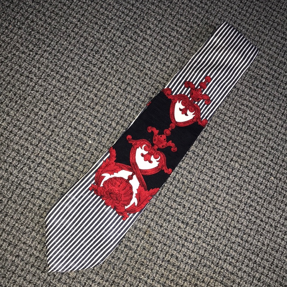 Striped Silk Tie with Red Baroque Embroidery